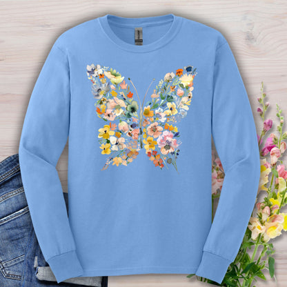 Carolina Blue long sleeve tee with a watercolor floral butterfly design, made of 50/50 cotton-poly fabric.