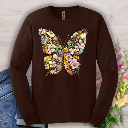 Dark Chocolate long sleeve tee with a colorful floral butterfly design, made of 50/50 cotton-poly fabric.