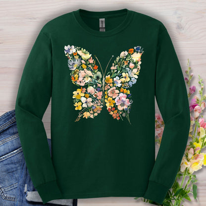Forest Green long sleeve tee with a colorful watercolor floral butterfly design.
