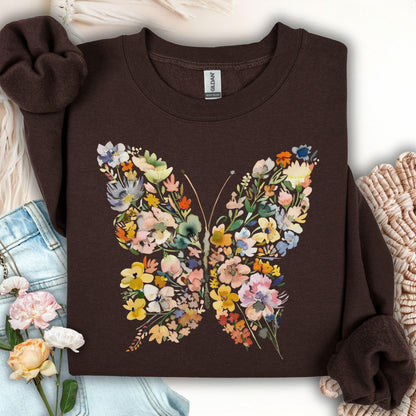 Dark chocolate sweatshirt with a large, colorful butterfly design made of watercolor-style flowers and leaves.