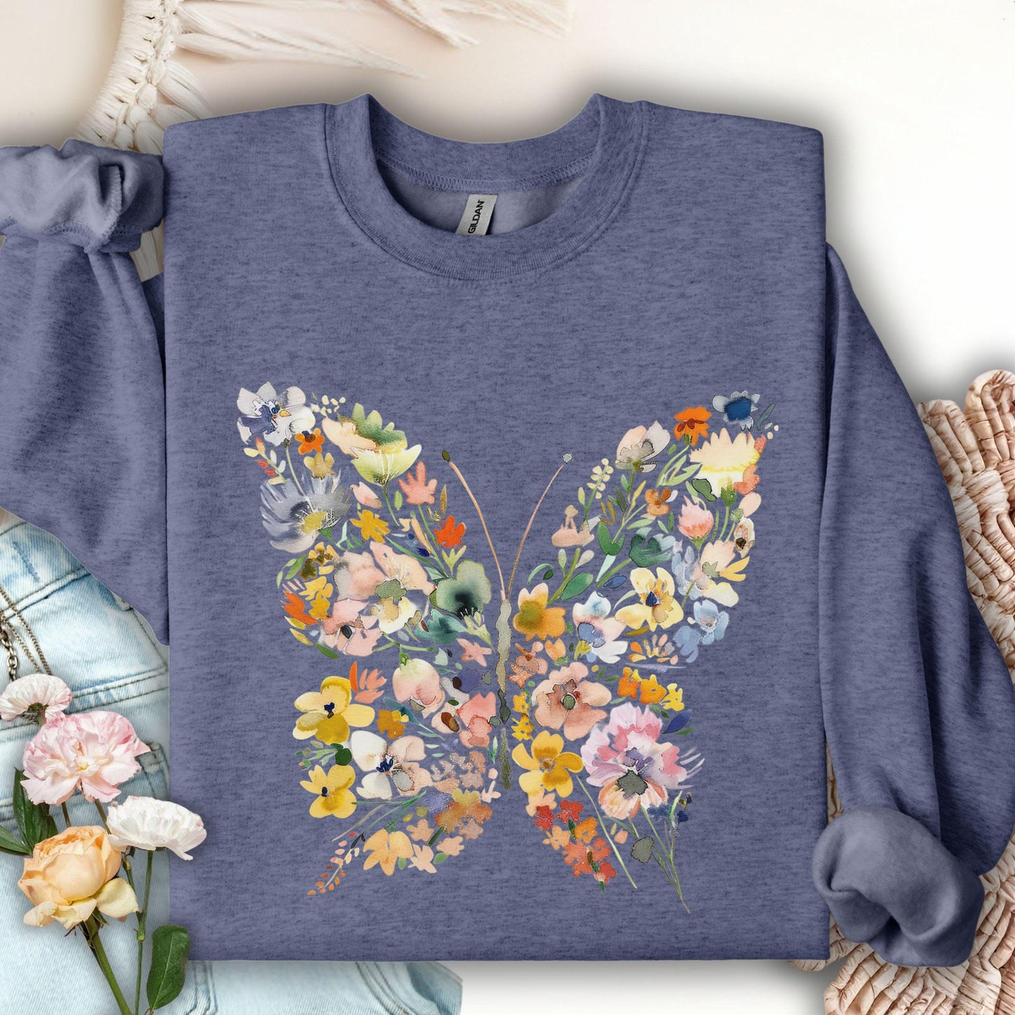 Heather Sport Dark Navy sweatshirt with a watercolor floral butterfly design.