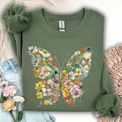 Military Green sweatshirt with a colorful, symmetrical butterfly design made of watercolor-style flowers and leaves.