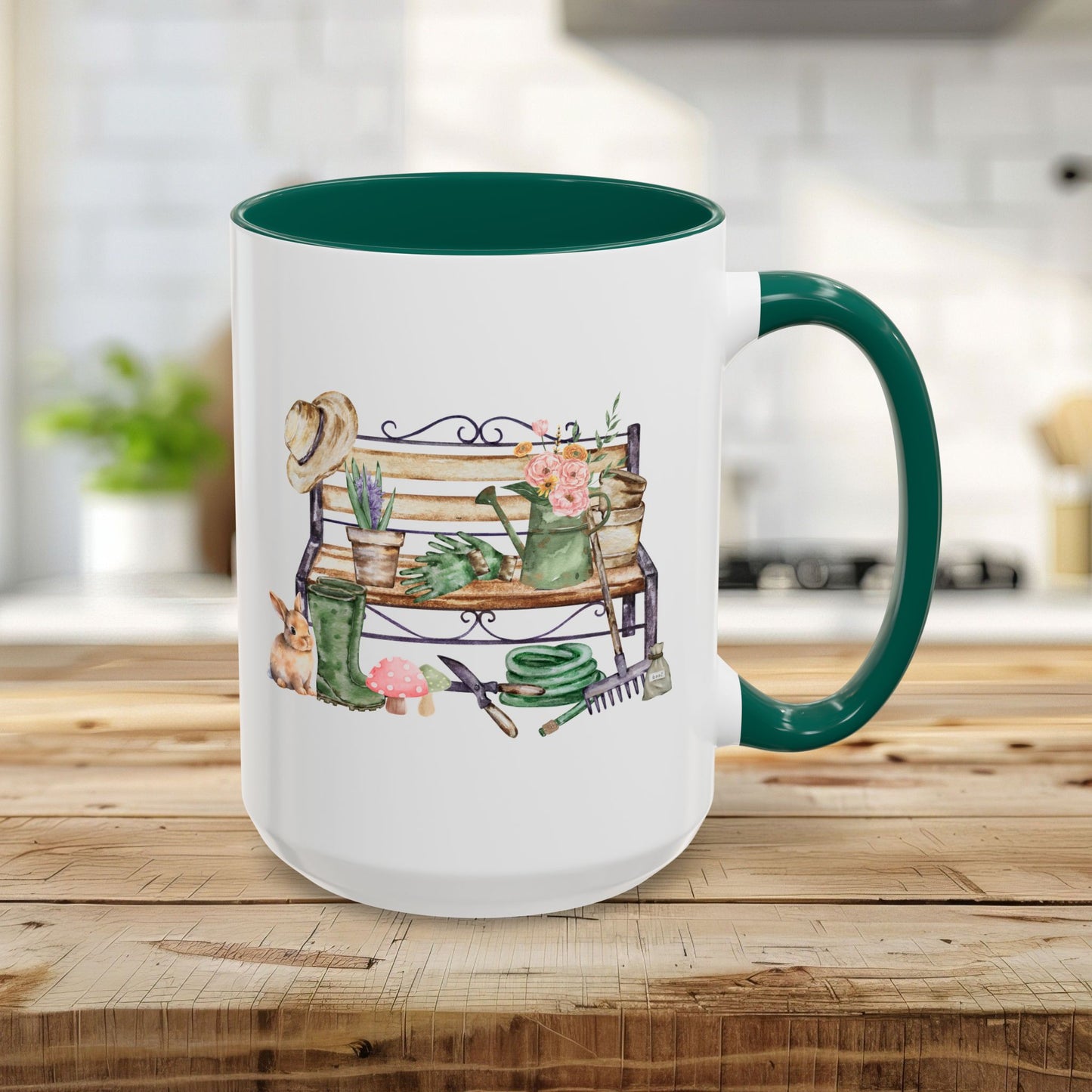 15oz white ceramic mug with green handle and interior, featuring a watercolor garden bench design.