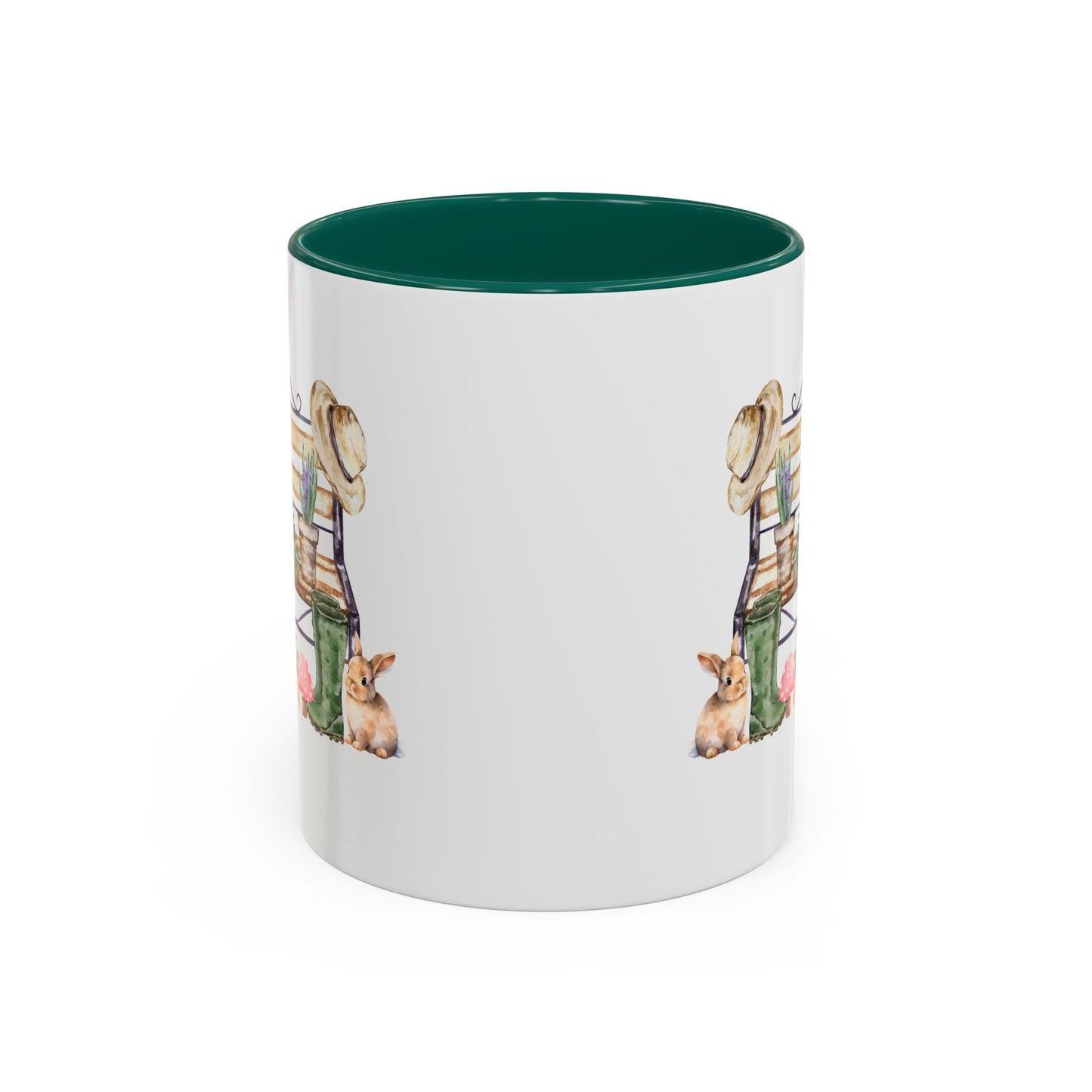 White ceramic Spring Garden Bench Mug with deep green interior and watercolor garden scene.