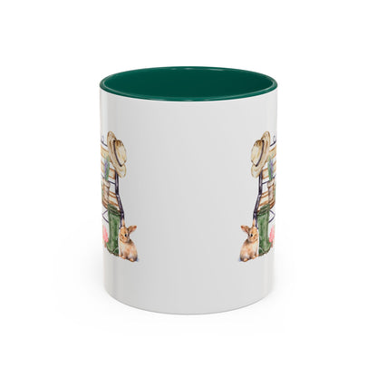 White ceramic Spring Garden Bench Mug with deep green interior and watercolor garden scene.
