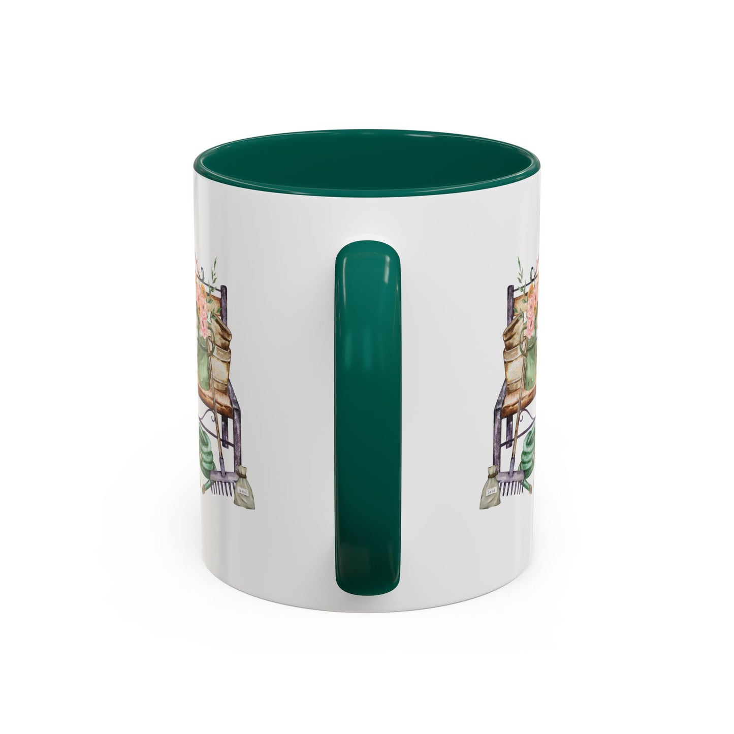 White ceramic mug with deep green interior and handle, featuring a watercolor garden bench design.