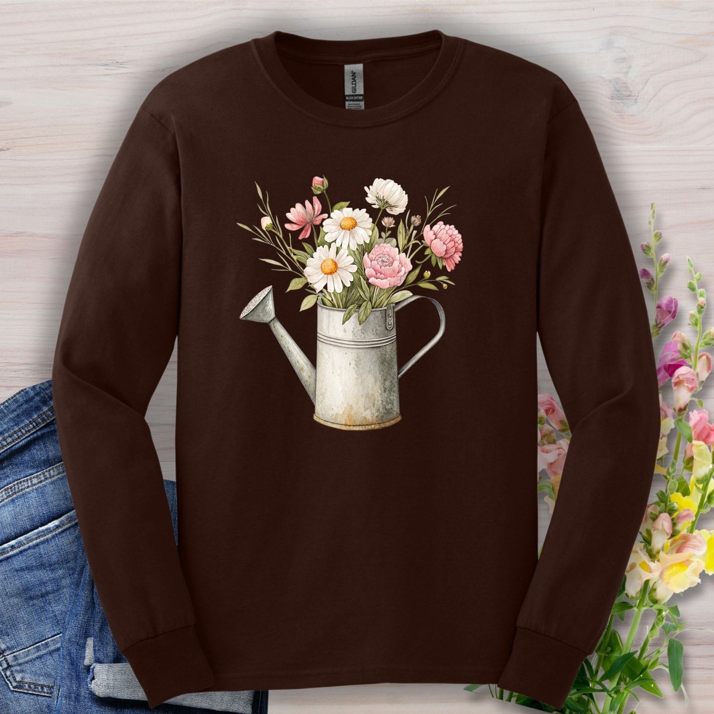 Dark Chocolate long sleeve tee with a vintage watering can and botanical floral illustration.