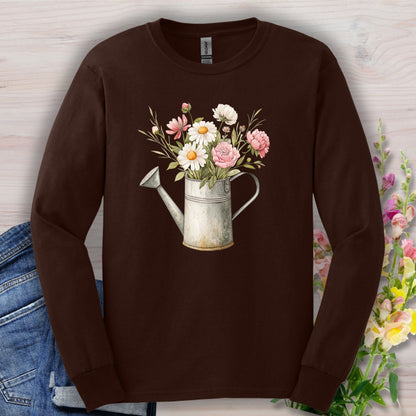 Dark Chocolate long sleeve tee with a vintage watering can and botanical floral illustration.