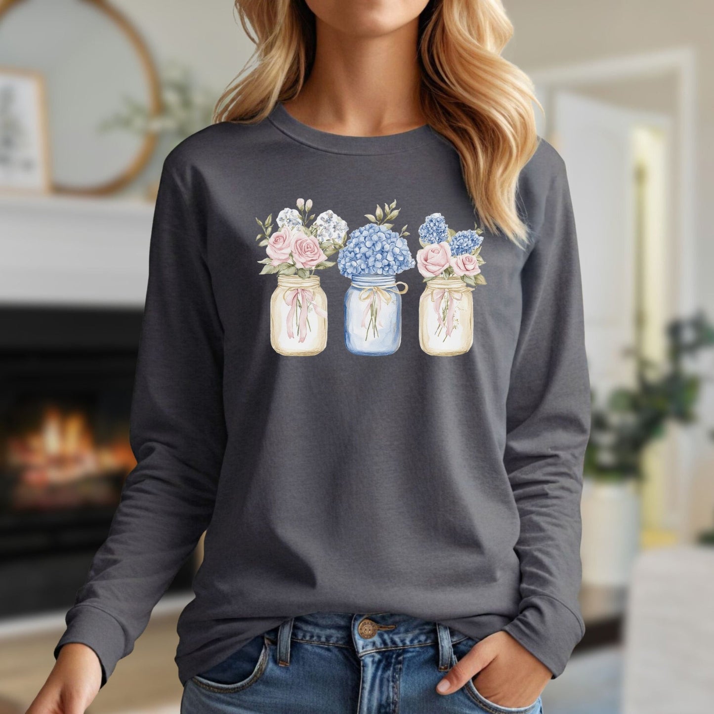 Spring Mason Jar Florals Long Sleeve Tee
