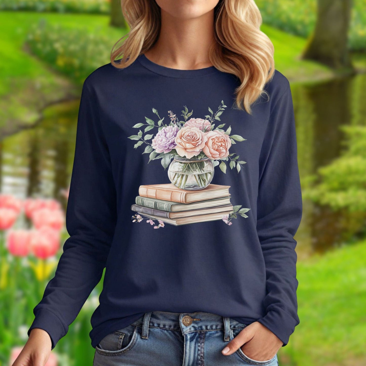 Spring Pastel Bouquet and Books Long Sleeve Tee