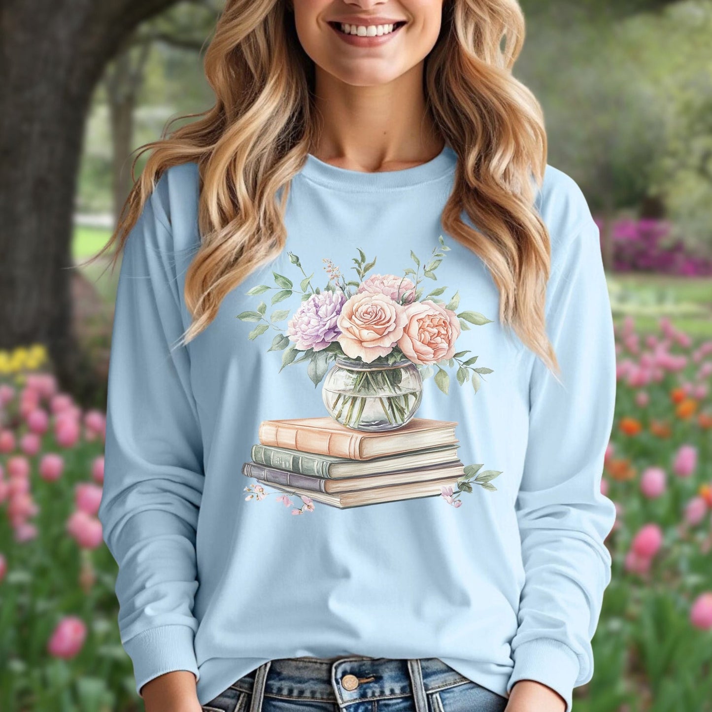 Spring Pastel Bouquet and Books Long Sleeve Tee