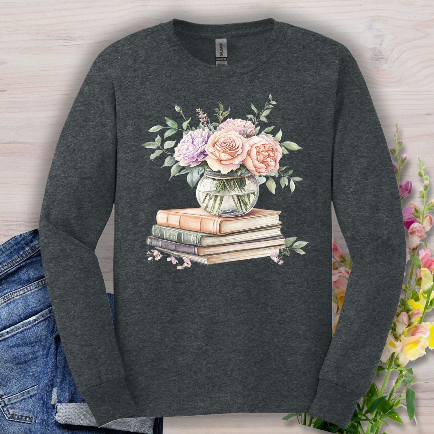Spring Pastel Bouquet and Books Long Sleeve Tee