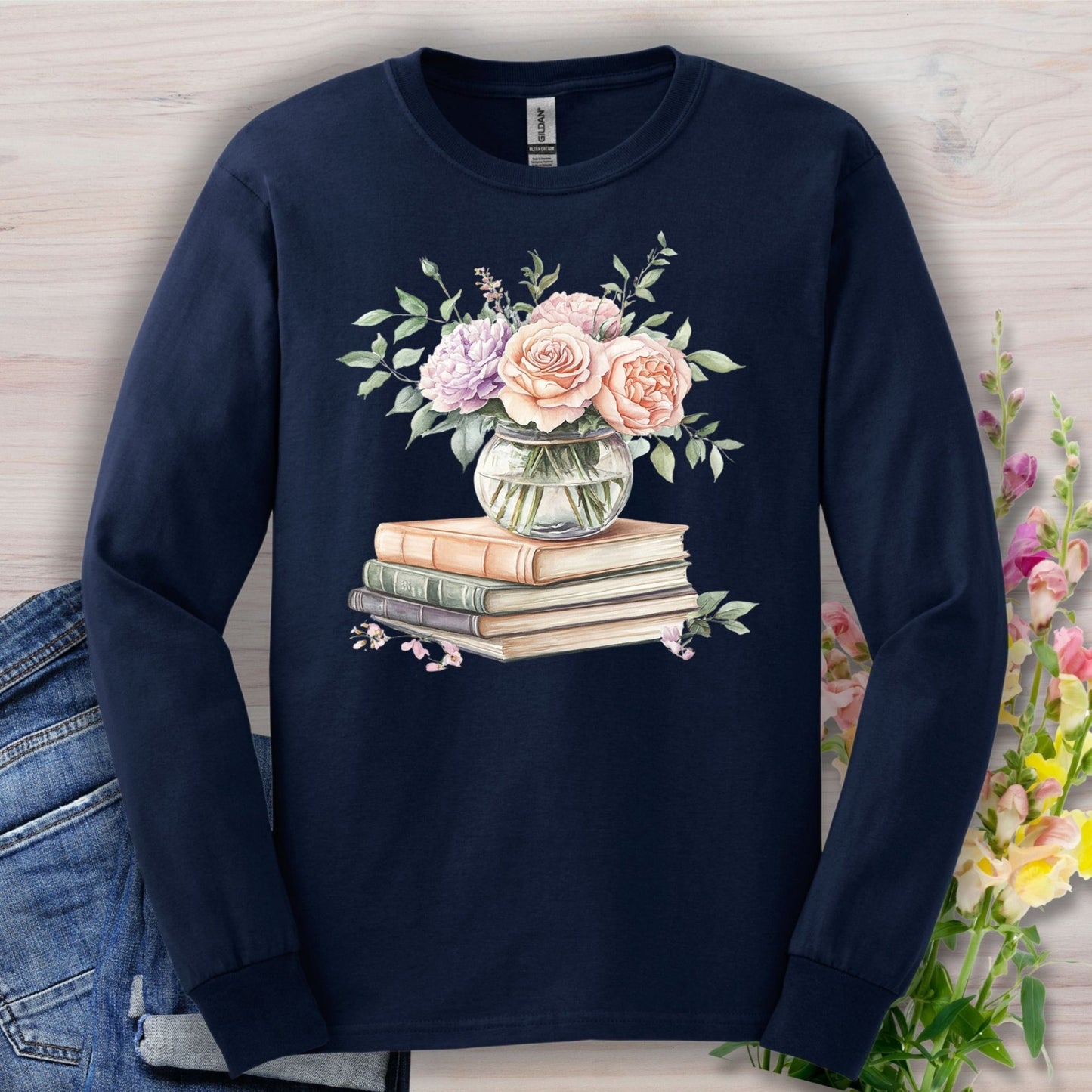 Spring Pastel Bouquet and Books Long Sleeve Tee