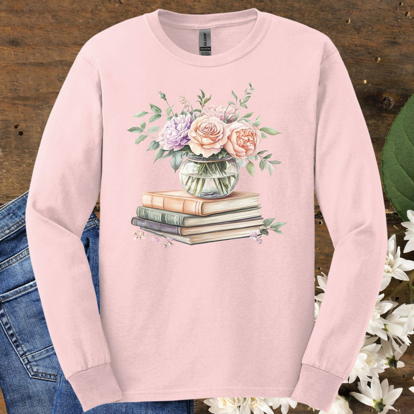 Spring Pastel Bouquet and Books Long Sleeve Tee