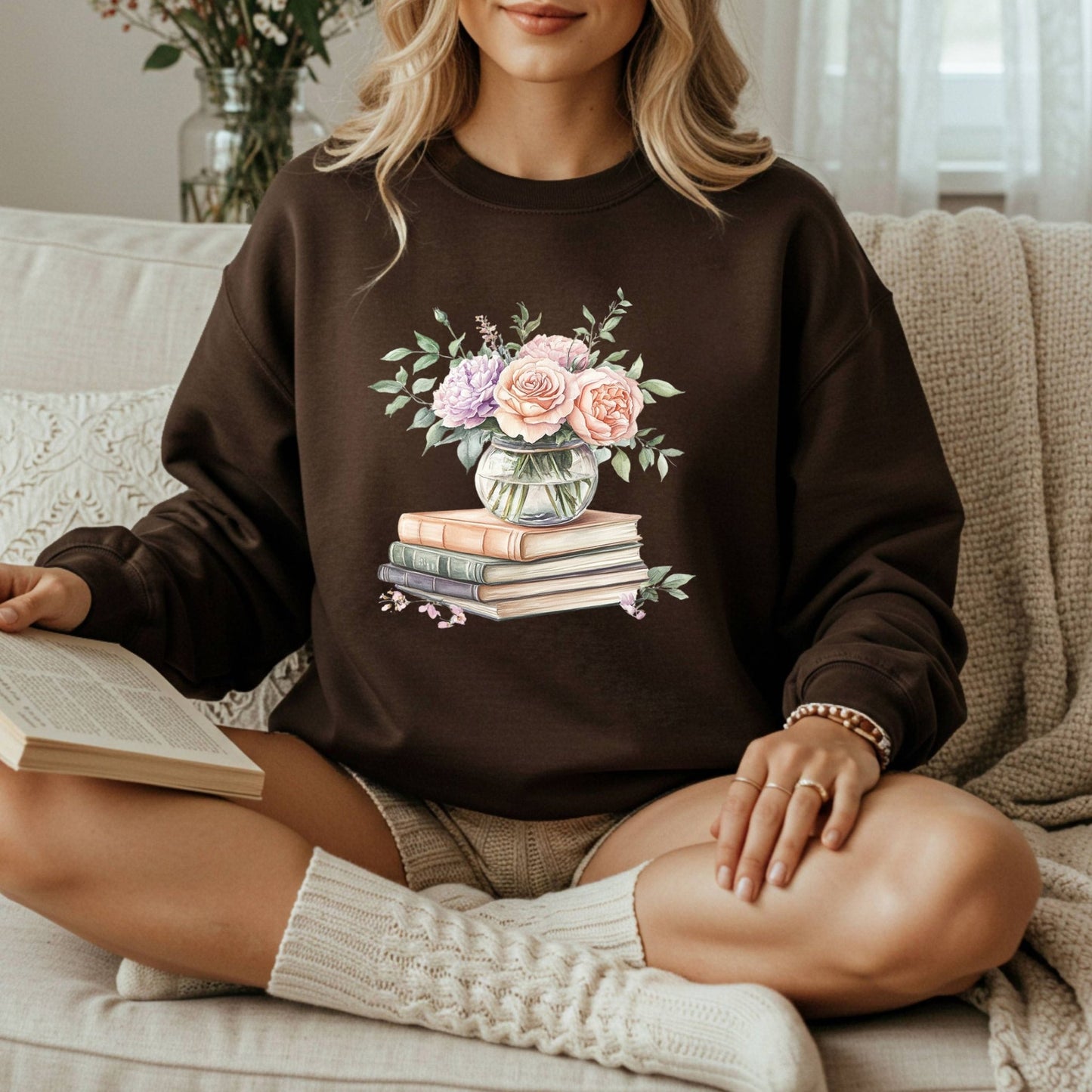 Spring Pastel Bouquet with Books Sweatshirt
