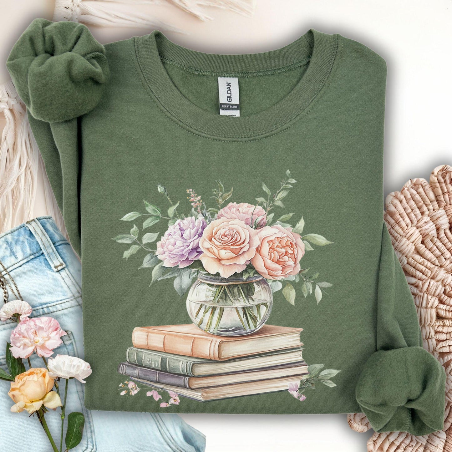 Spring Pastel Bouquet with Books Sweatshirt