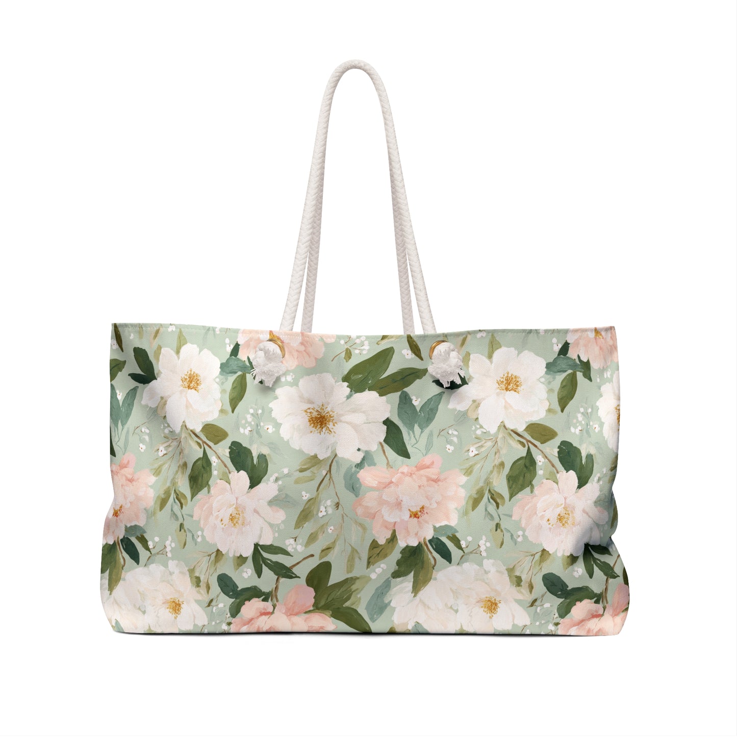 Mint green weekender bag with watercolor pink and white peonies, cream rope handles, and gold grommets.