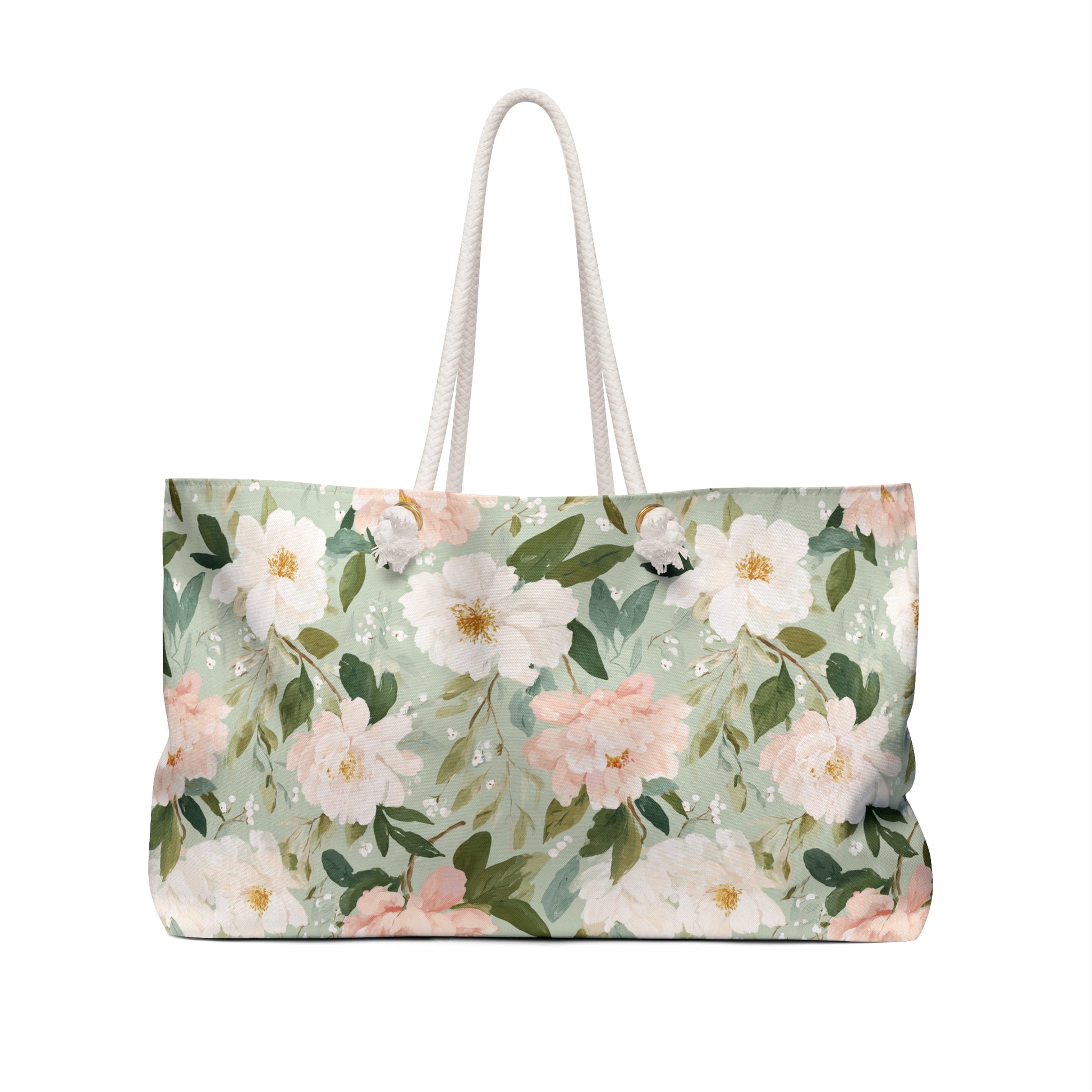 Mint green weekender bag with watercolor pink and white peonies, cream rope handles, and gold grommets.