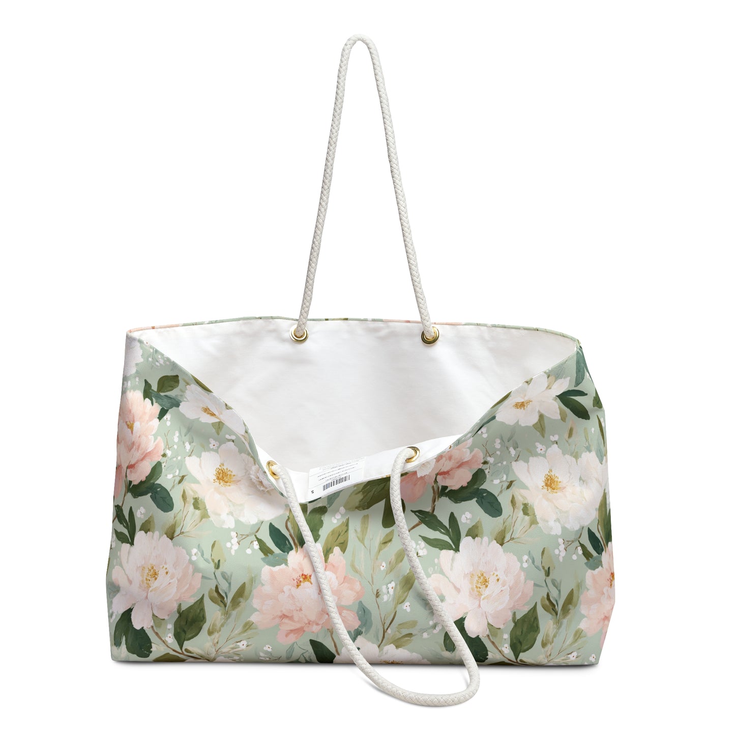 Mint green weekender bag with watercolor pink peonies, cream rope handles, and gold grommets.