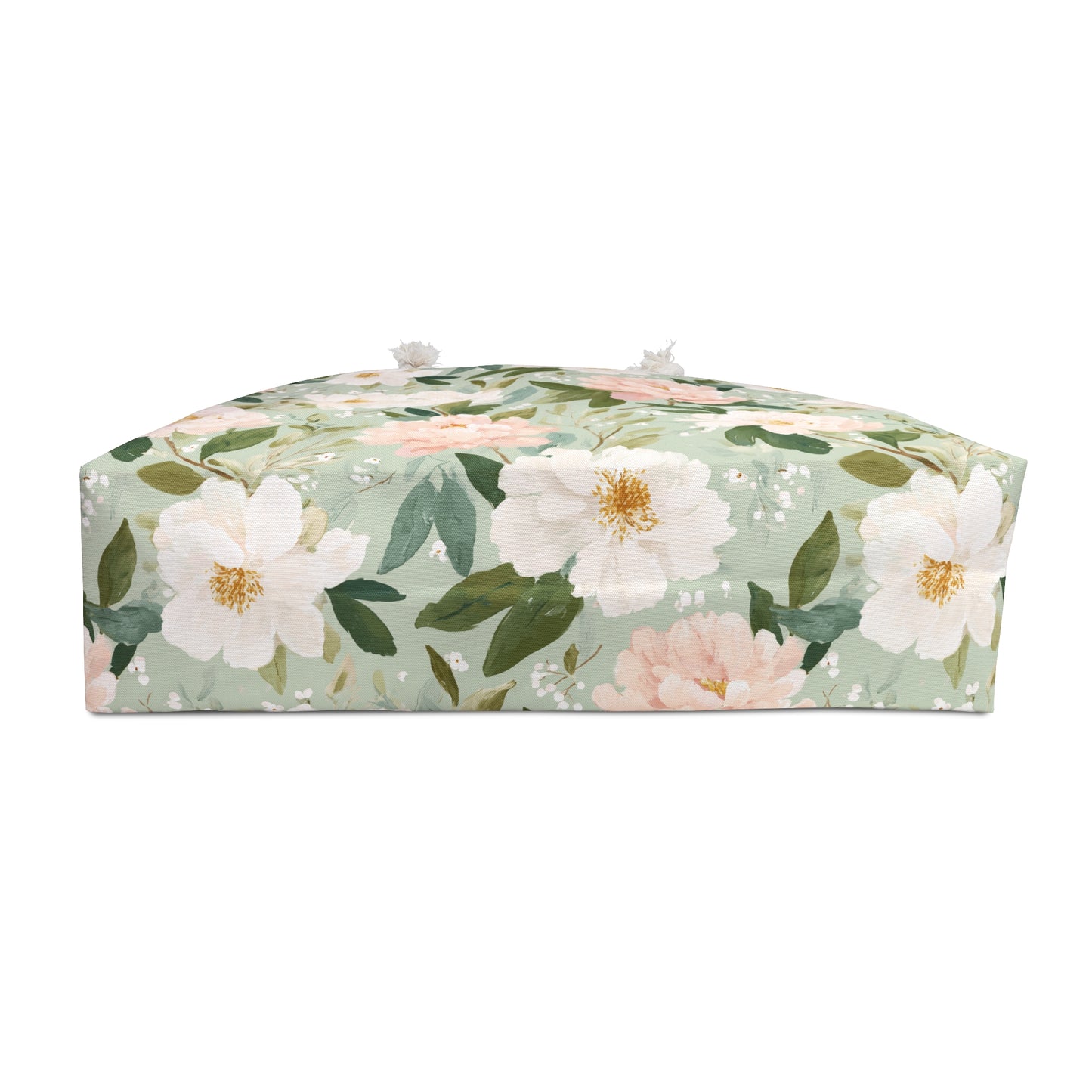Mint green weekender bag with watercolor white and pink peonies, cream rope handles, and gold grommets.