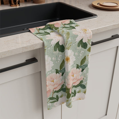 Spring Pink & Green Peony Microfiber Tea Towel