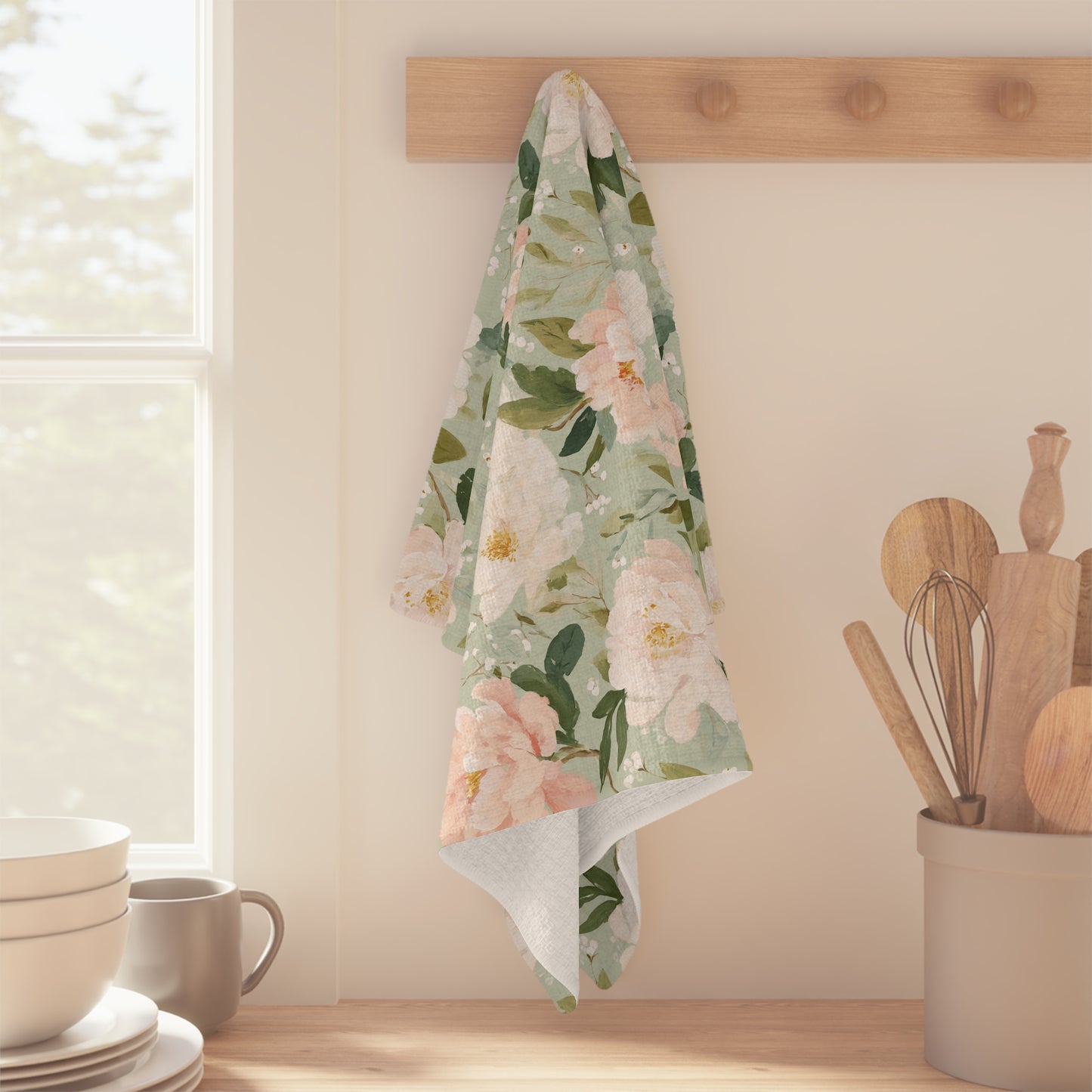 Spring Pink & Green Peony Microfiber Tea Towel