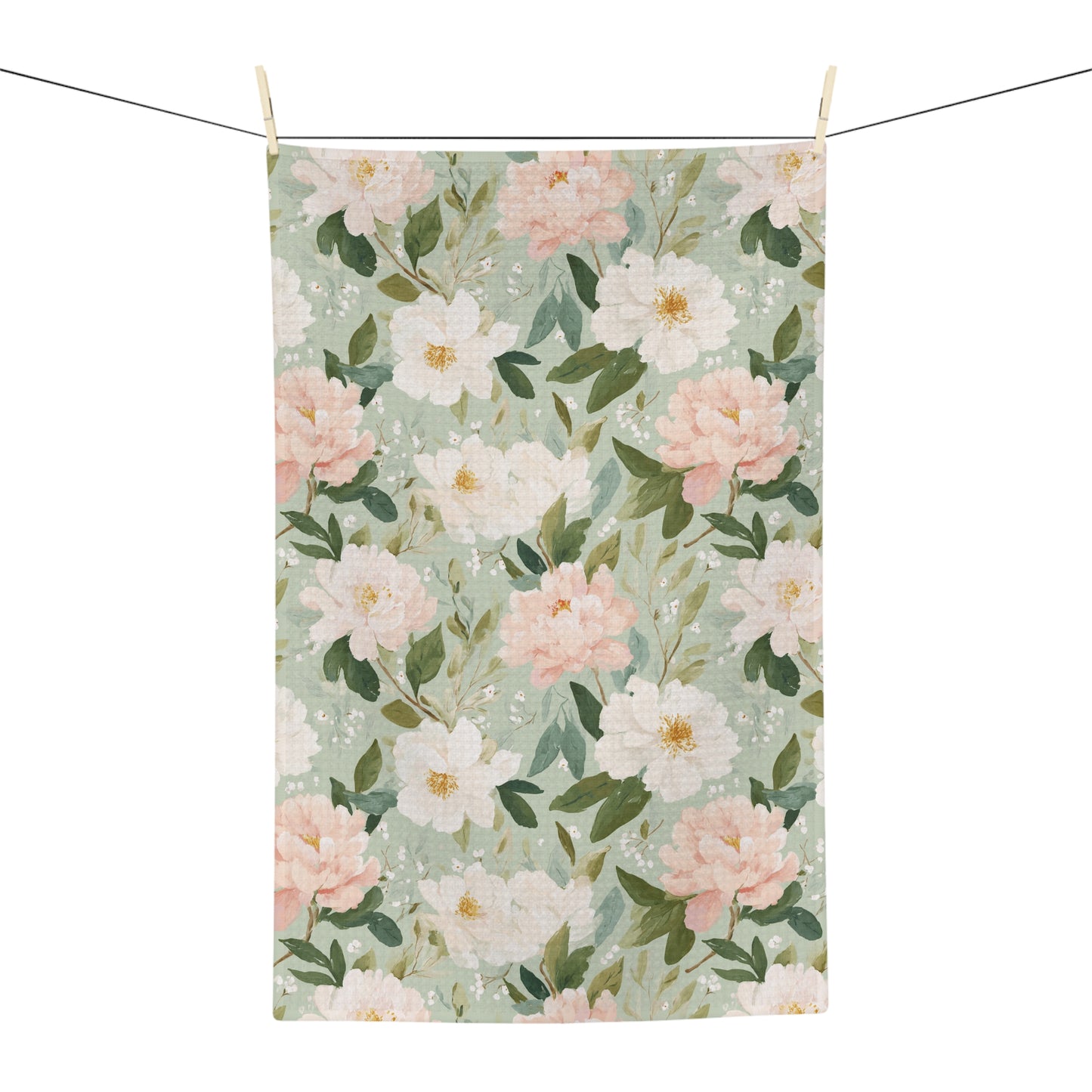 Spring Pink & Green Peony Microfiber Tea Towel