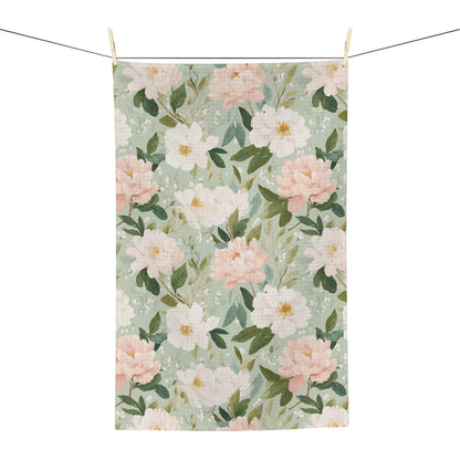 Spring Pink & Green Peony Microfiber Tea Towel