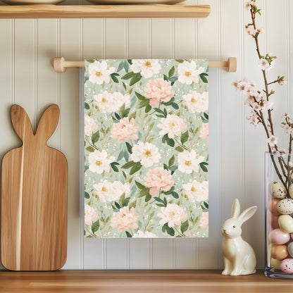 Spring Pink & Green Peony Microfiber Tea Towel