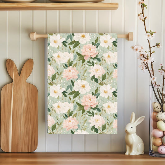 Spring Pink & Green Peony Microfiber Tea Towel