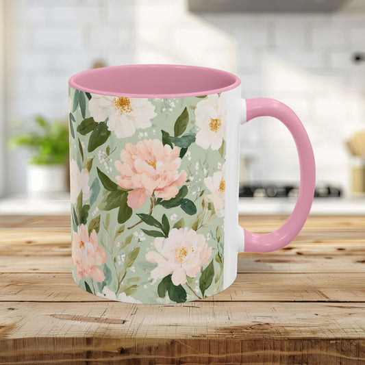 Spring Pink & Gren Floral Peony Mug (11/15oz)