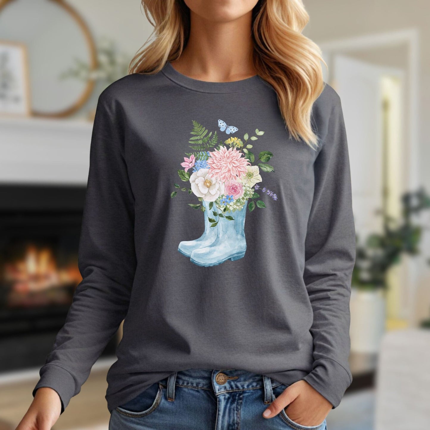 Charcoal long-sleeve tee with a watercolor rain boot vase overflowing with peonies, roses, and a butterfly.