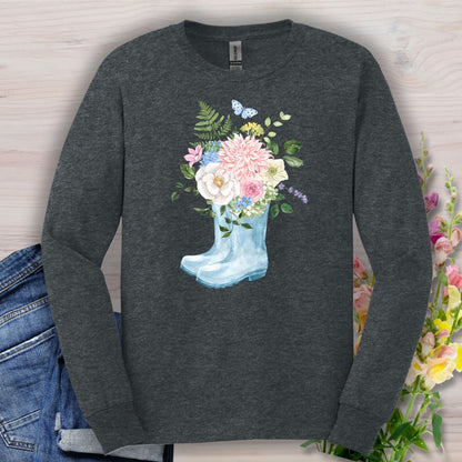 Dark Heather long sleeve tee with a watercolor light blue rain boot overflowing with colorful flowers and a butterfly.