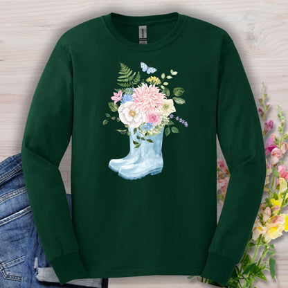 Forest Green long sleeve tee with watercolor rain boot floral design, featuring peonies, dahlias, and a butterfly.