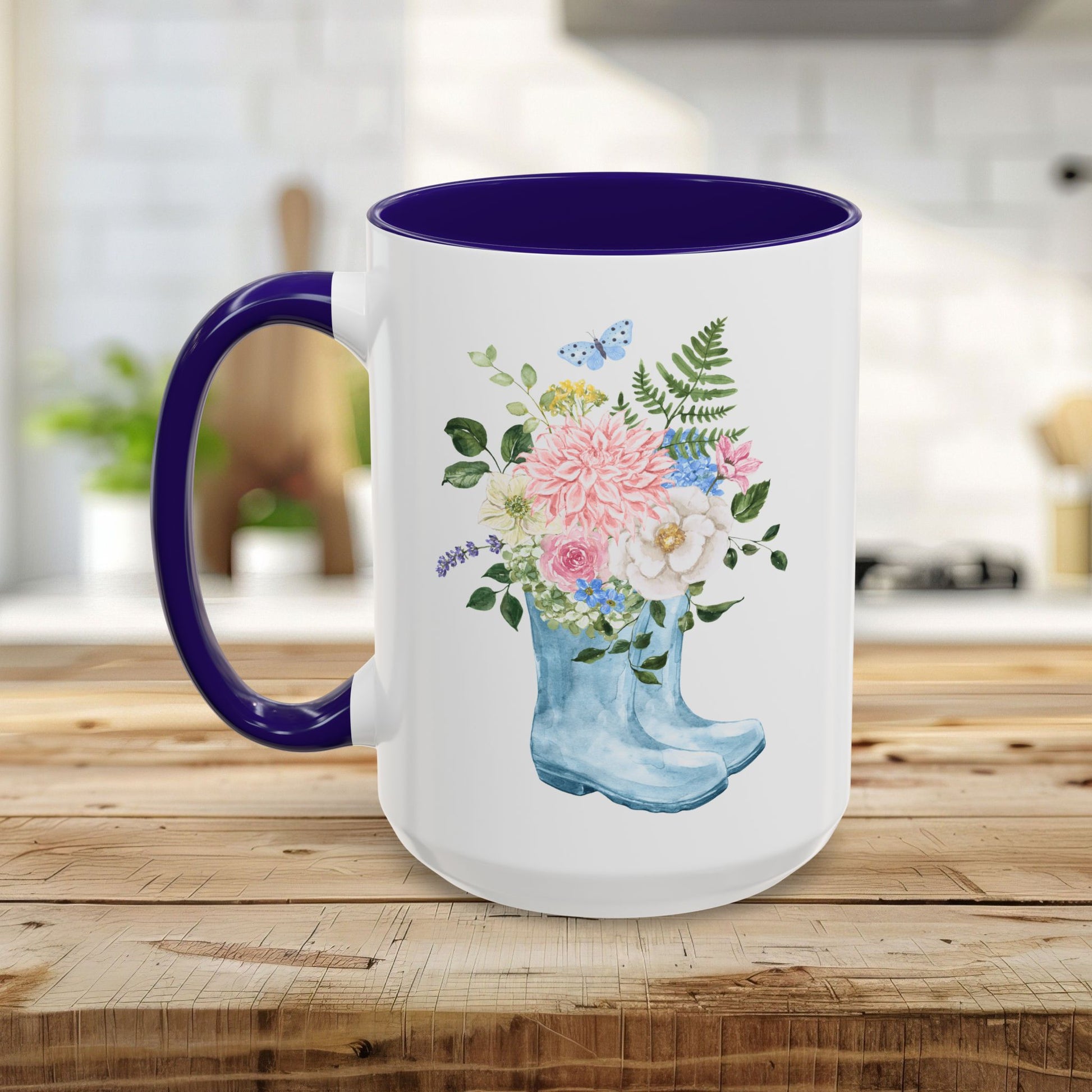 White ceramic mug with purple handle and interior, featuring a watercolor bouquet in blue rain boots.