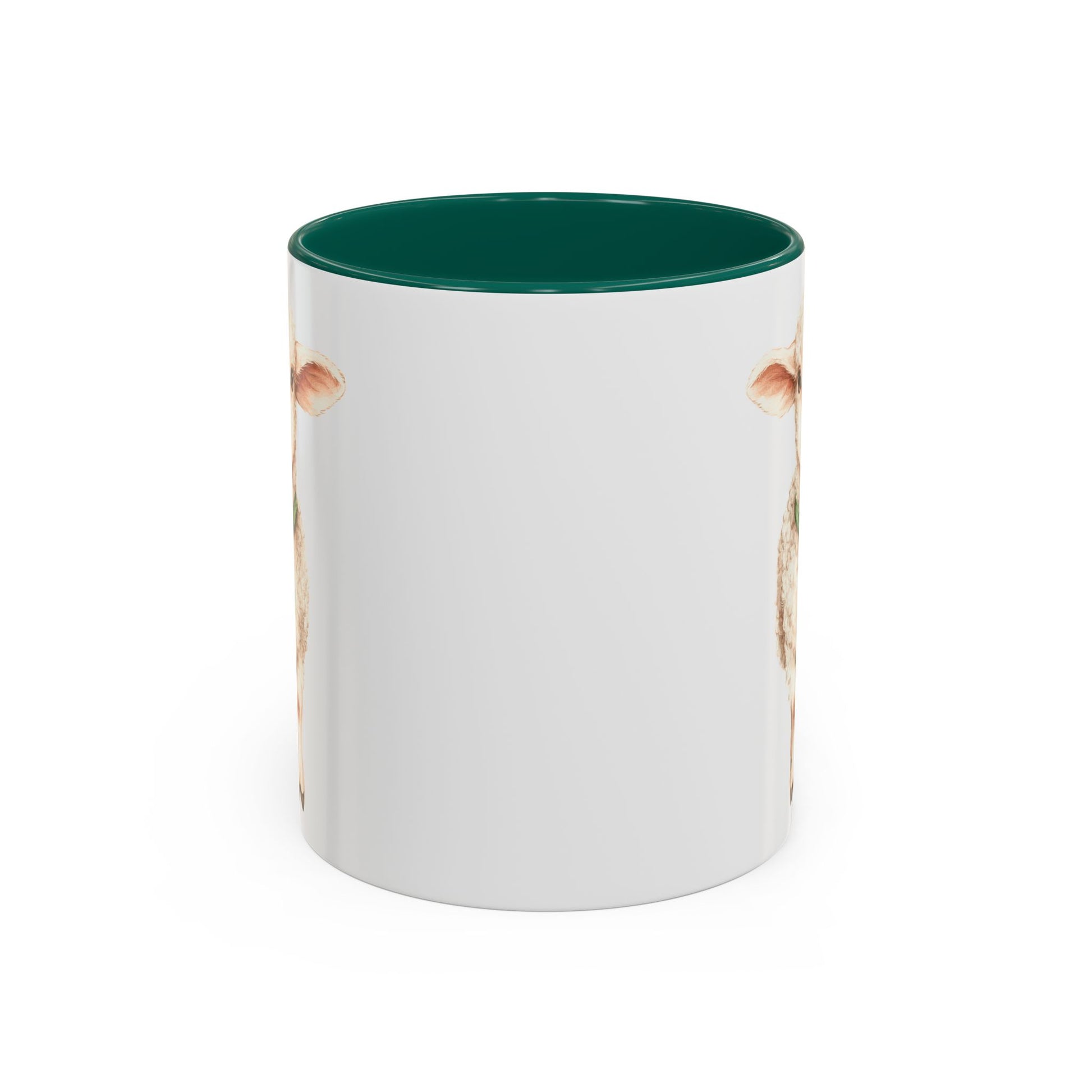 White ceramic mug with a green interior and handle, featuring a watercolor lamb with a clover pendant.
