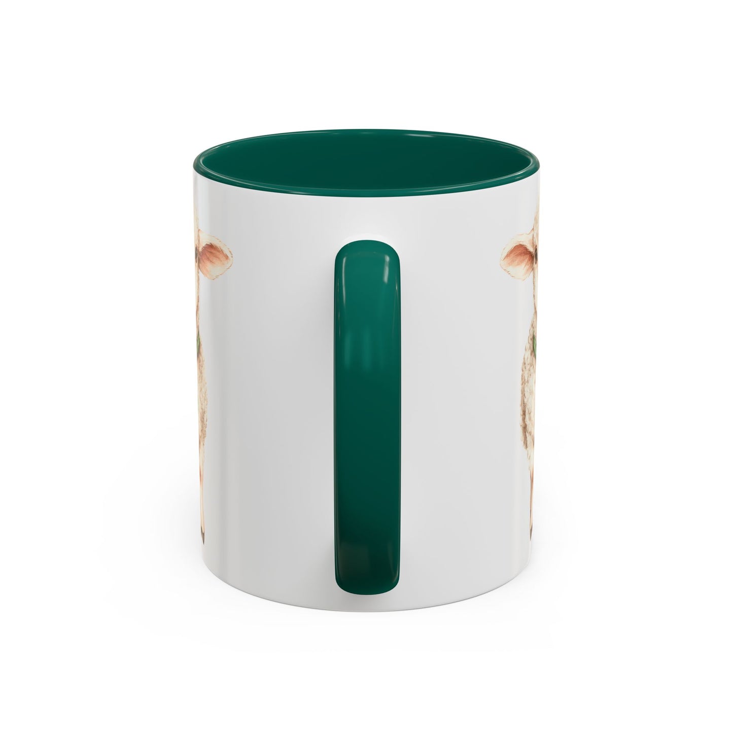White ceramic mug with a green interior and handle, featuring a watercolor-style lamb wearing a clover pendant.