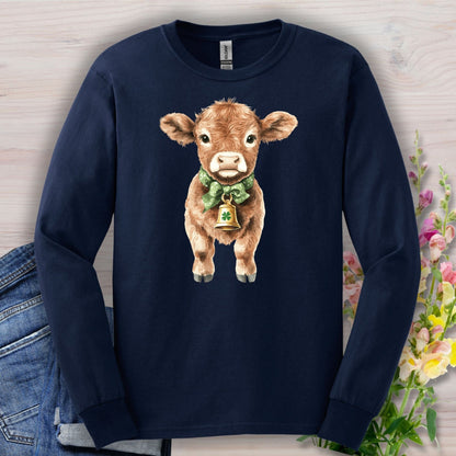 Navy long sleeve tee with a watercolor baby Highland cow wearing a green bow tie and clover bell.