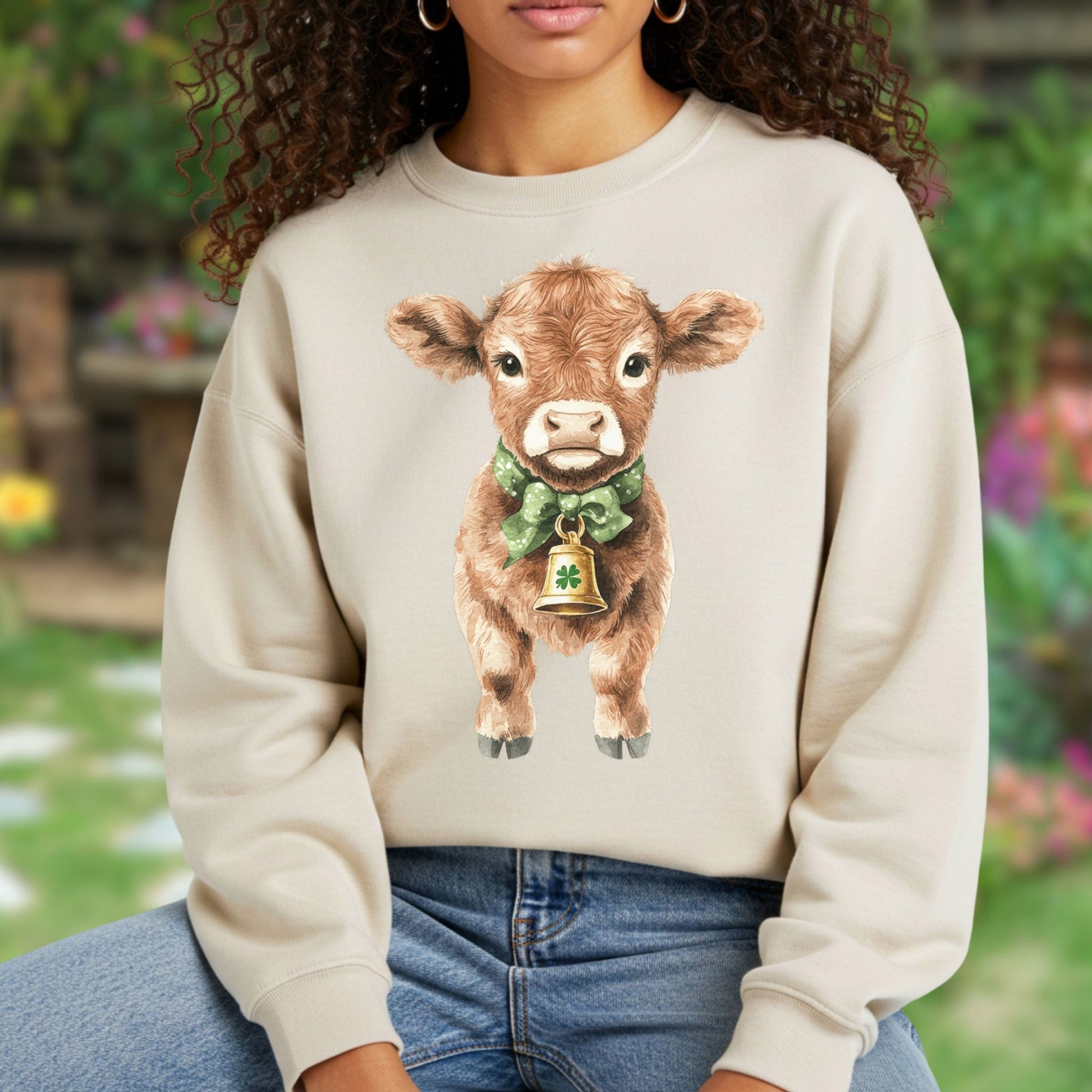 Beige unisex sweatshirt with a watercolor baby Highland cow, green bow, and clover bell.
