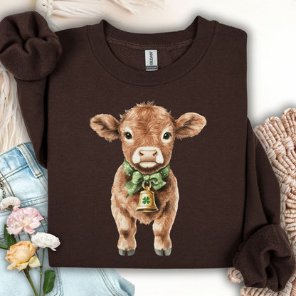 Dark chocolate unisex sweatshirt with a watercolor baby Highland cow, green bow, and clover bell.