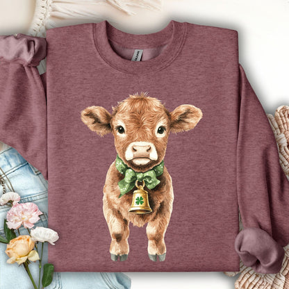 Heather Sport Dark Maroon unisex sweatshirt with a watercolor baby Highland cow wearing a green bow and clover bell.