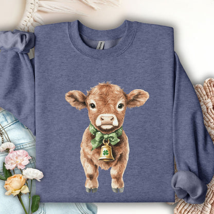Heather Sport Dark Navy sweatshirt with a watercolor baby Highland cow, green bow, and clover bell.