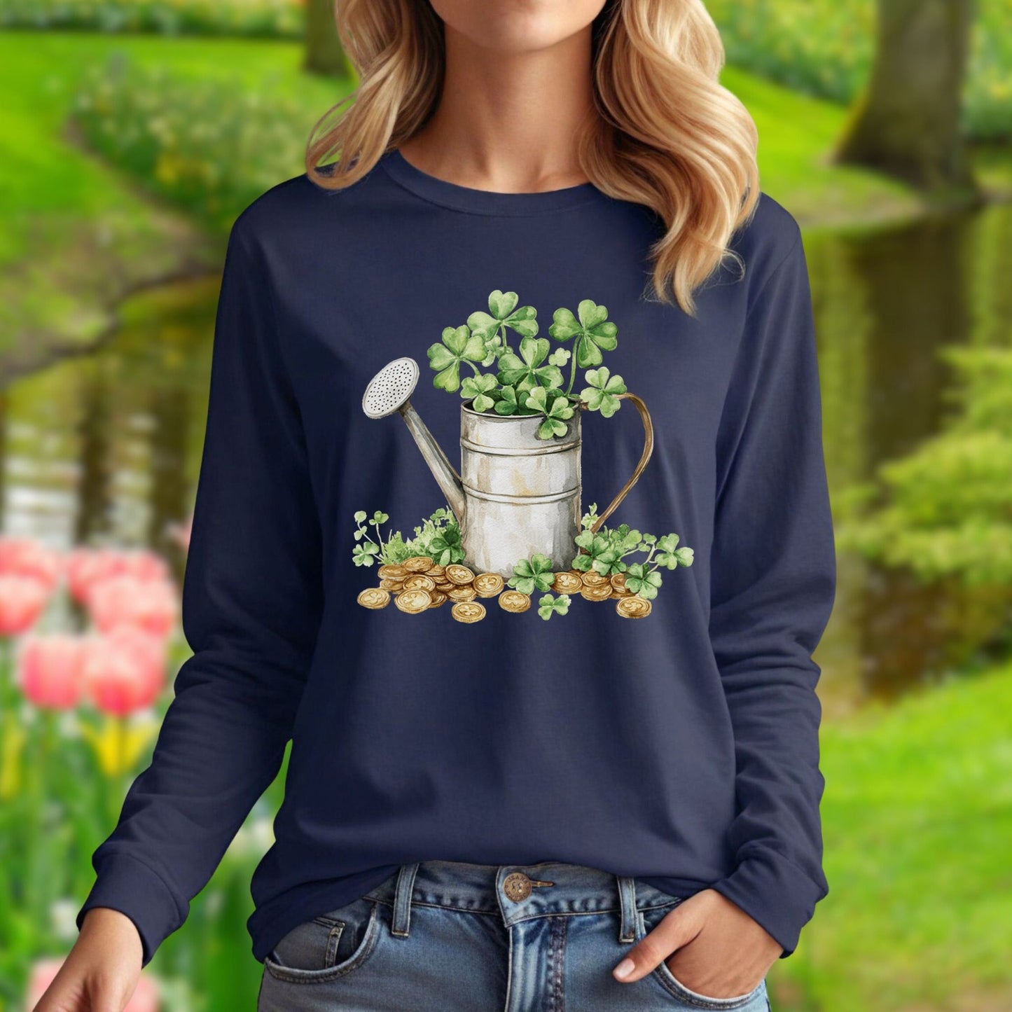 St. Patrick's Day Clover Watering Can Long Sleeve Tee