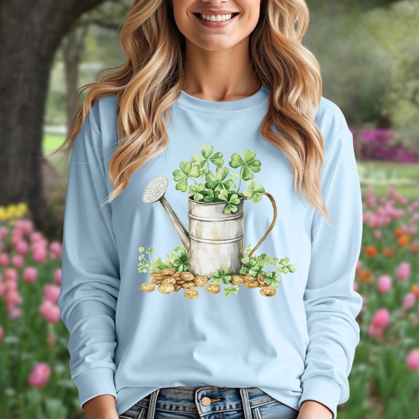 St. Patrick's Day Clover Watering Can Long Sleeve Tee