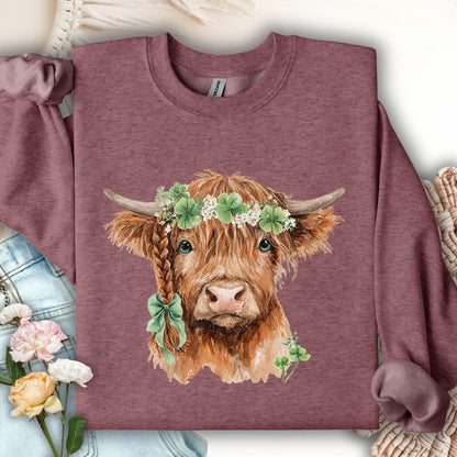 Heather Sport Dark Maroon sweatshirt with watercolor Highland cow wearing clover and flower crown.