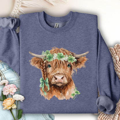 Heather Sport Dark Navy sweatshirt with watercolor Highland cow in clover garland and bow.