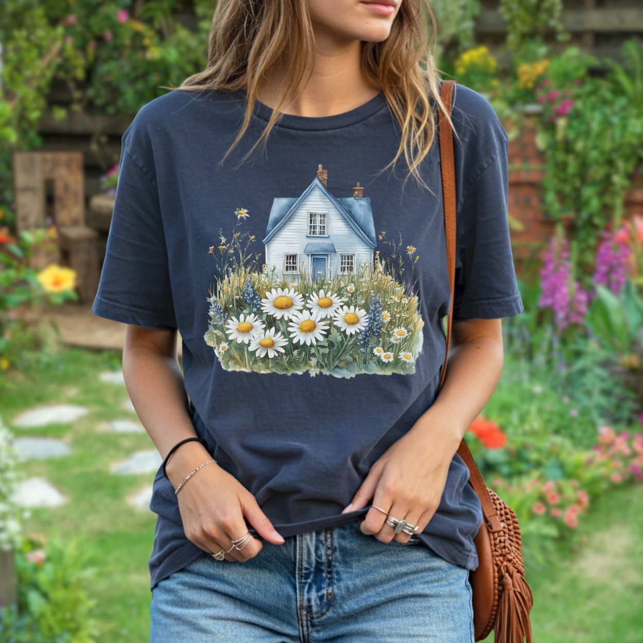 Garment-dyed navy t-shirt with a relaxed fit, featuring a blue cottage and wildflower field graphic.