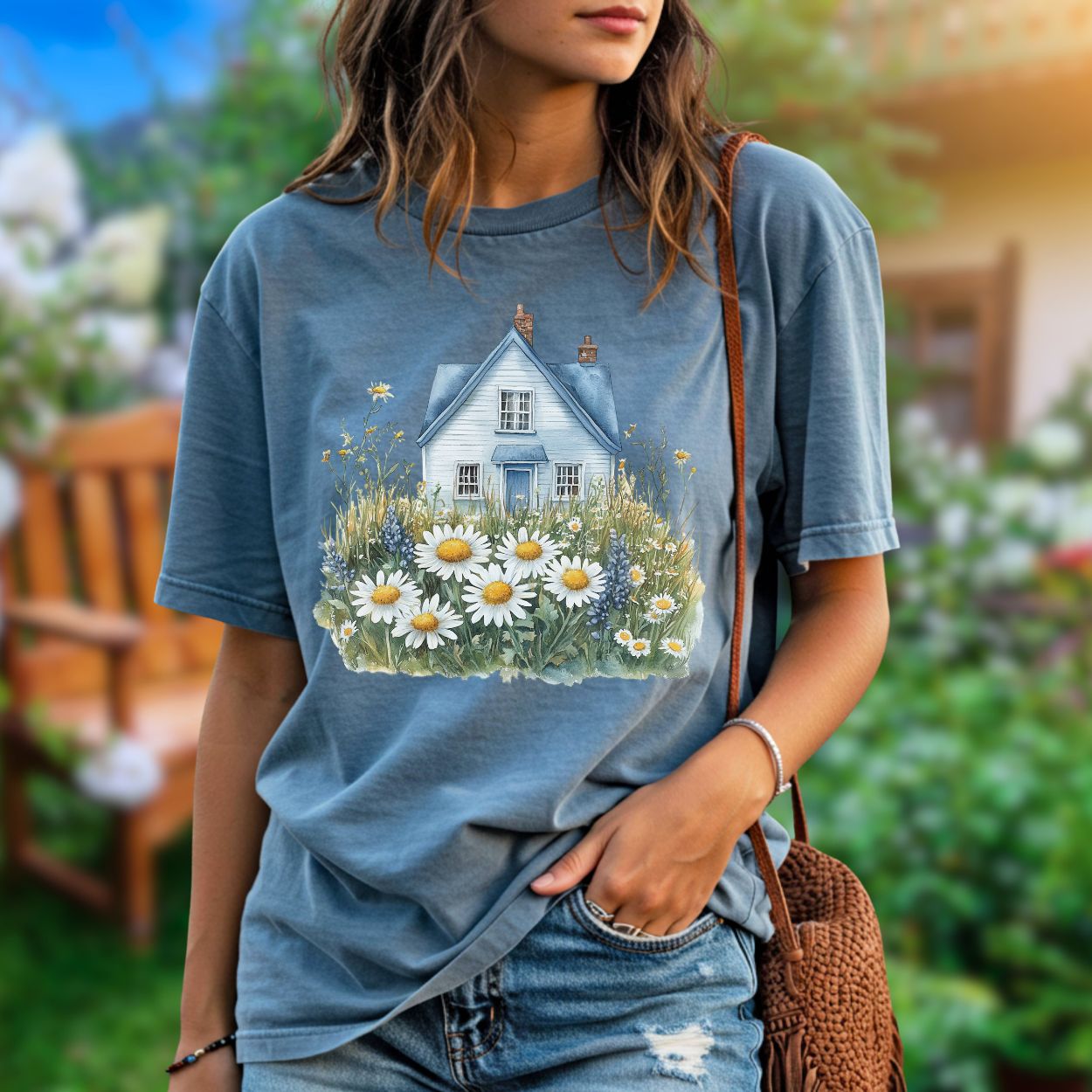 Garment-dyed blue t-shirt with a relaxed fit, featuring a white cottage and wildflower field graphic.