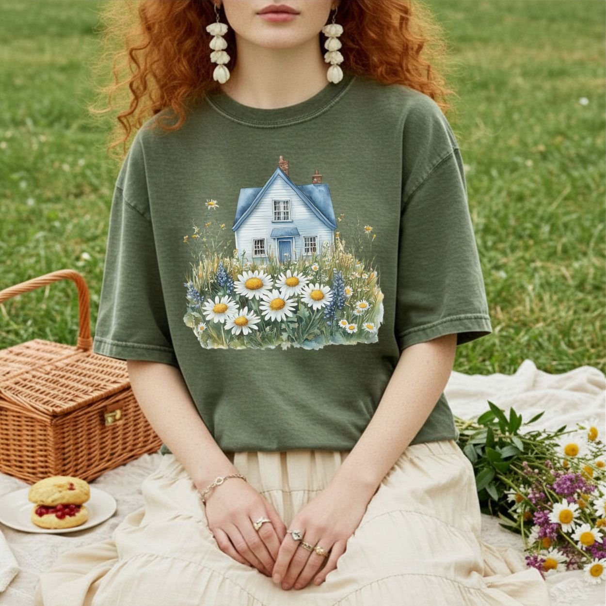 Garment-dyed olive green t-shirt with a blue cottage and wildflower field graphic, worn by a person sitting in grass.