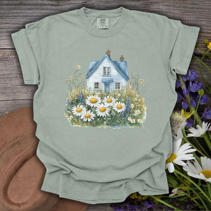 Bay S garment-dyed cotton t-shirt with a blue cottage and wildflower field graphic.